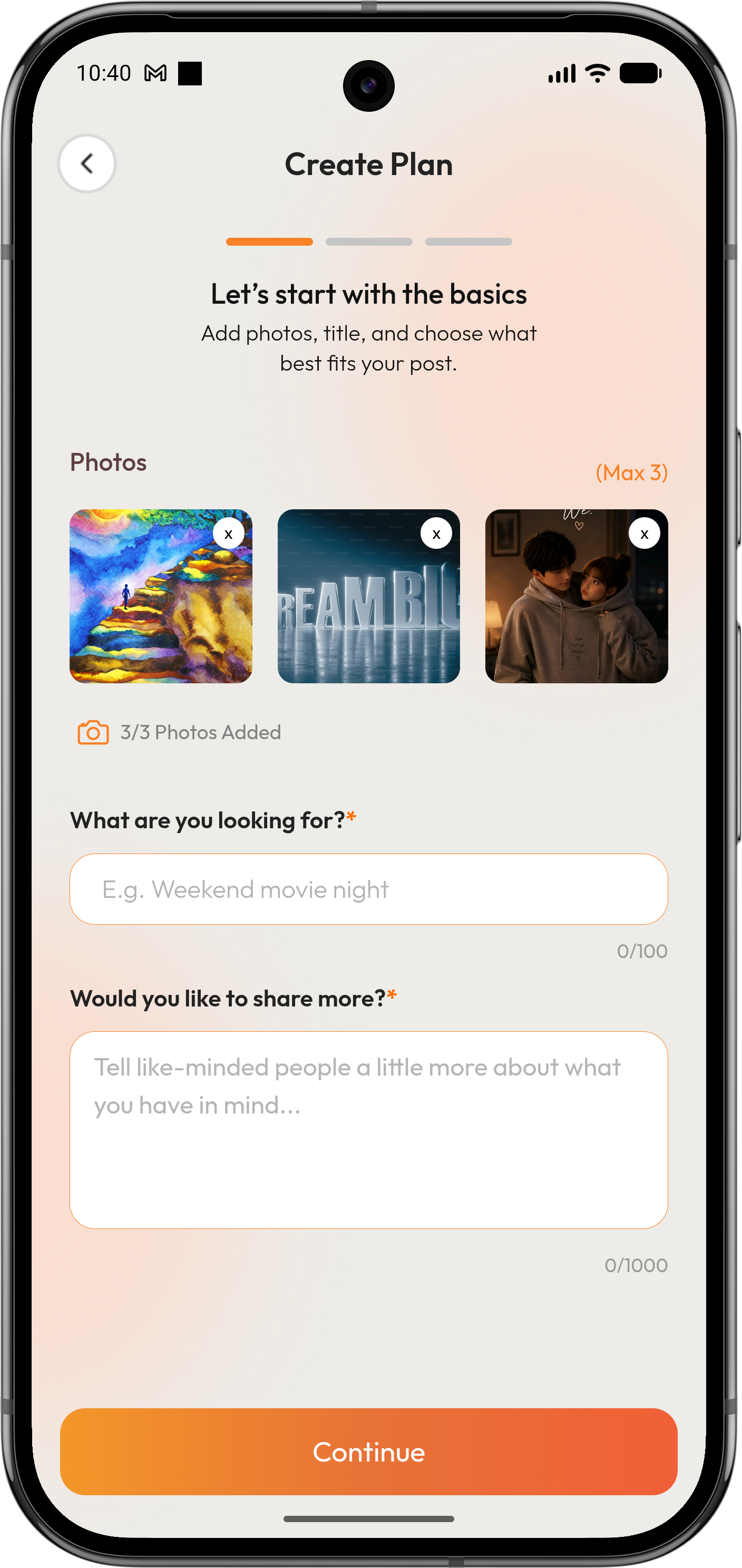 planB Create Plan screen for writing an activity post