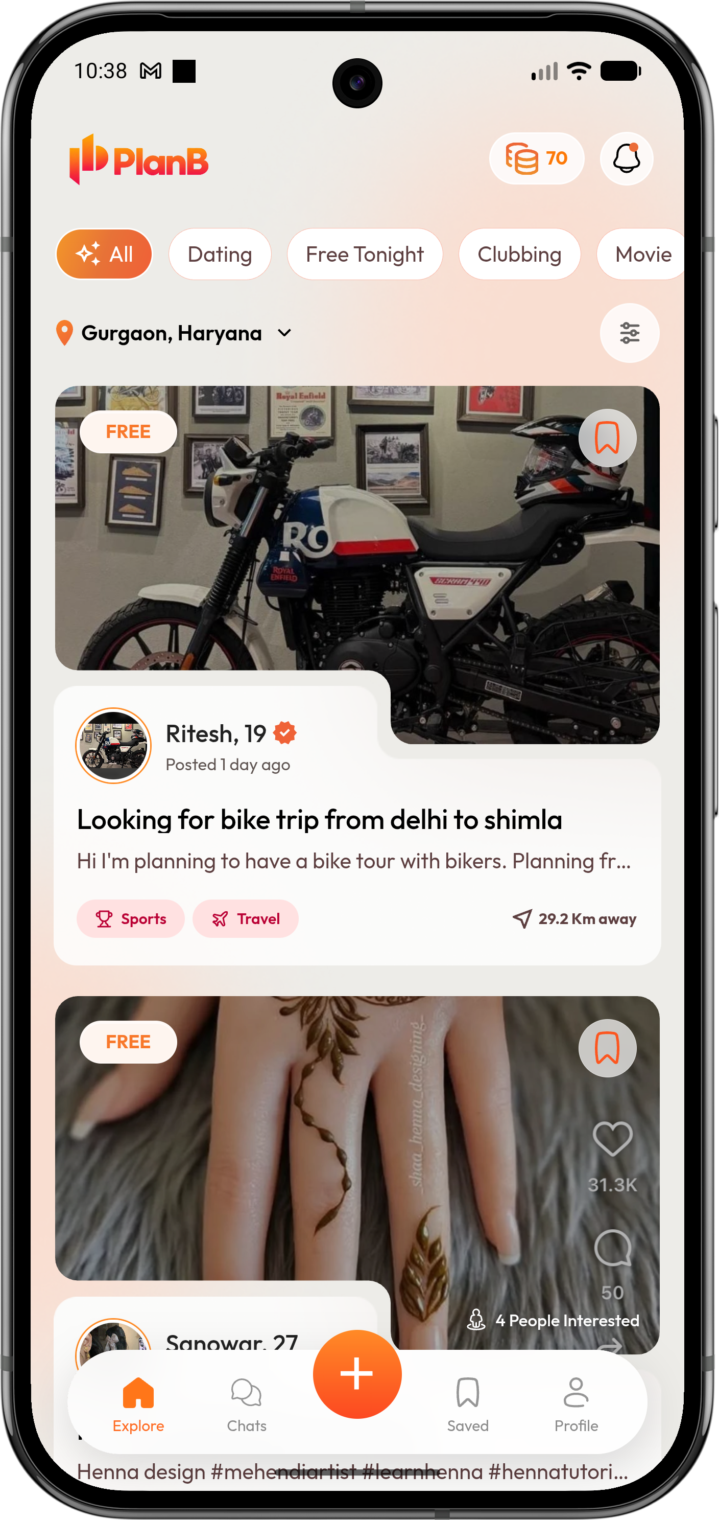planB Explore screen showing nearby activity posts