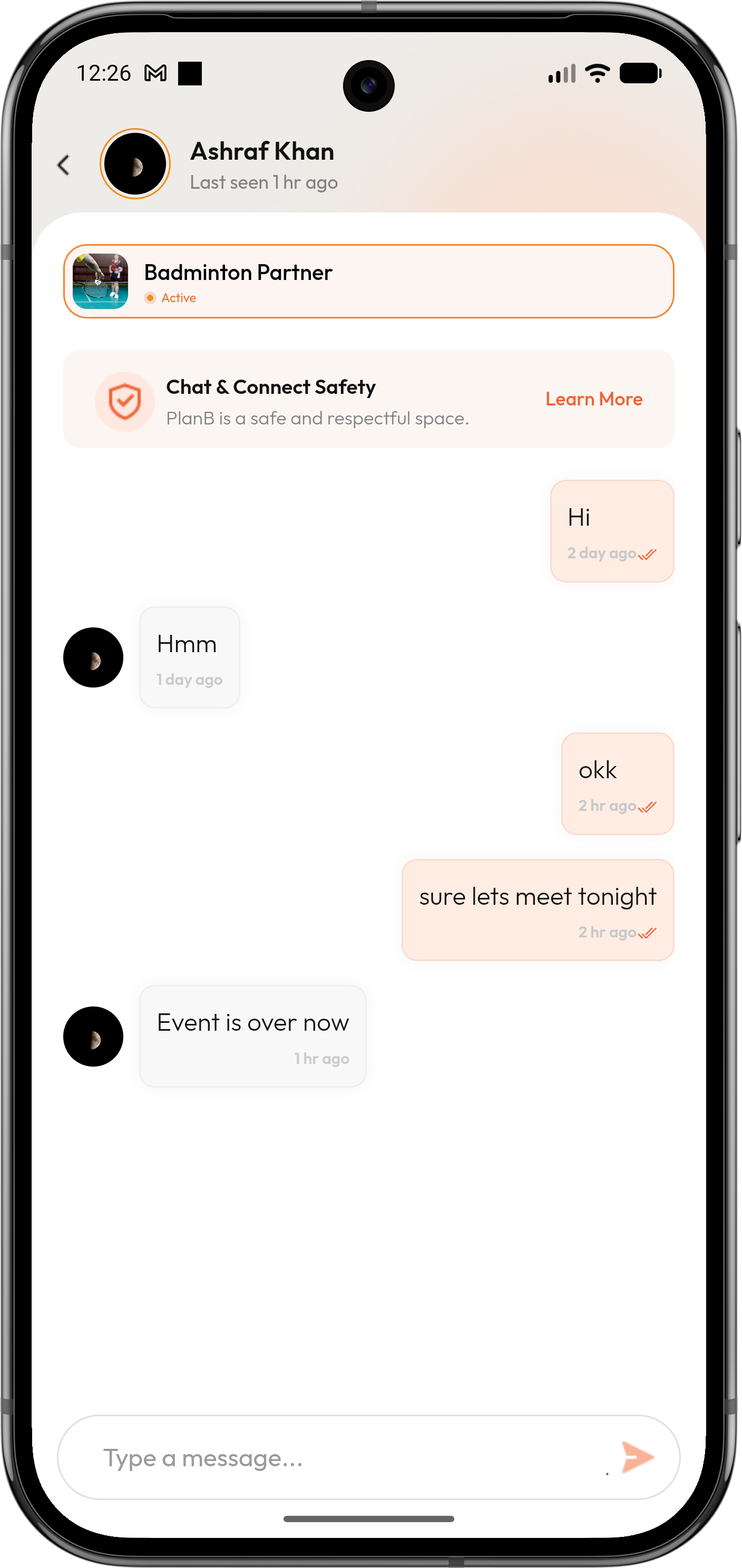 planB Chats screen showing conversations with activity partners