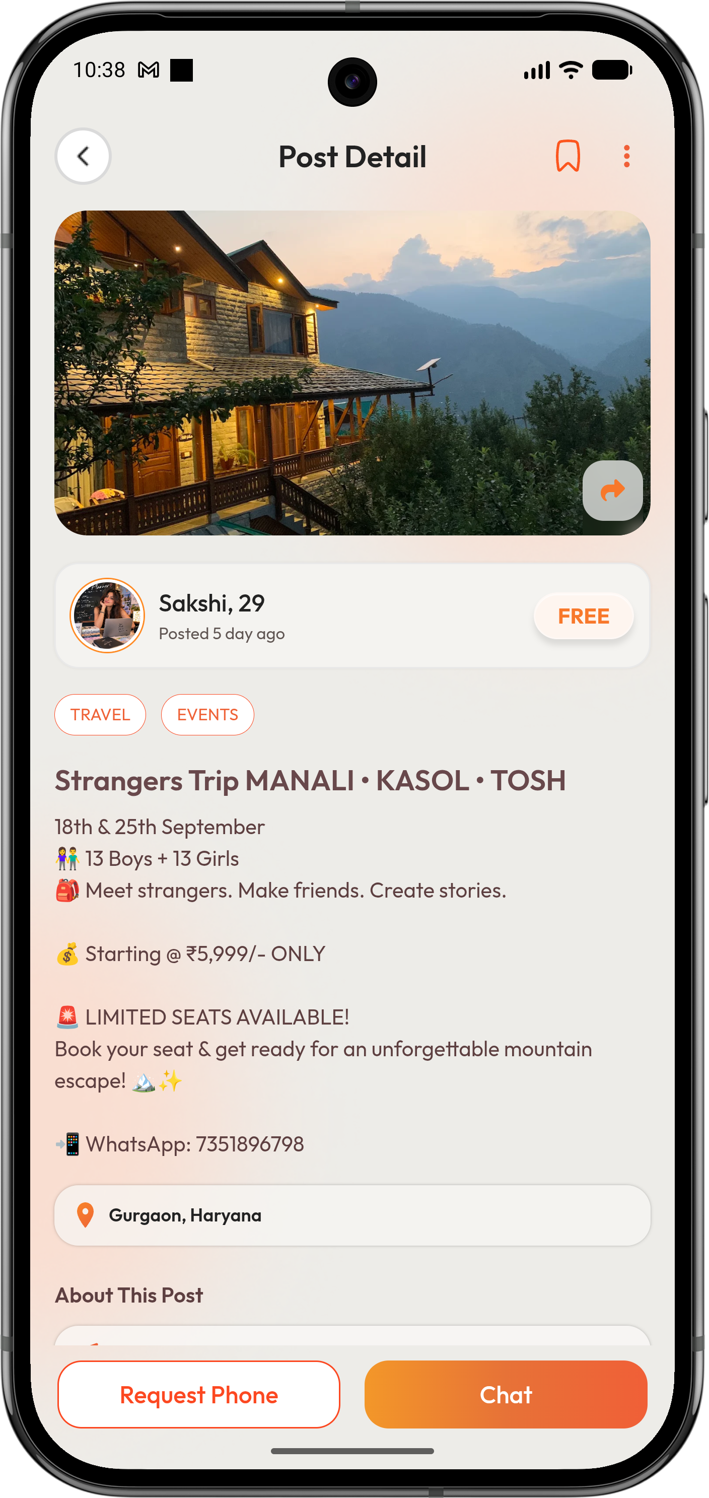 planB Post Detail screen with activity, location, and chat options